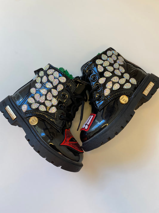 Custom Black Patent “Lips & GO!” Statement Toddler Boots – Size 10 | Glitter Patch Combat Boots