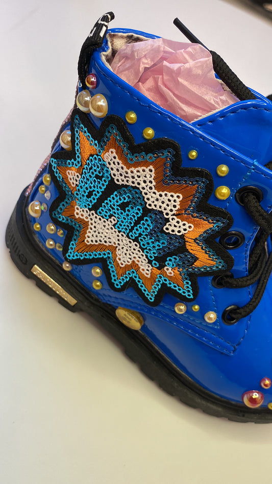 Royal Sparkle Blue Toddler Combat Boots – Pearl & Sequin Burst Edition