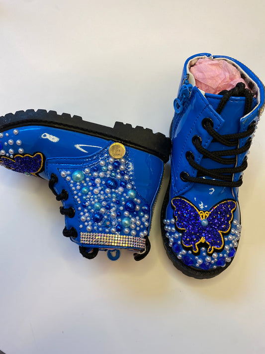 Handcrafted Blue Butterfly Toddler Boots – Sparkle & Pearl Edition"