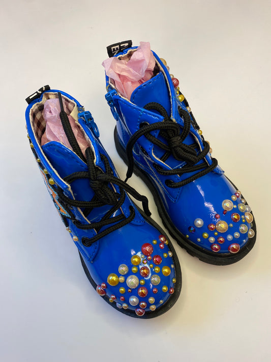 Royal Sparkle Blue Toddler Combat Boots – Pearl & Sequin Burst Edition