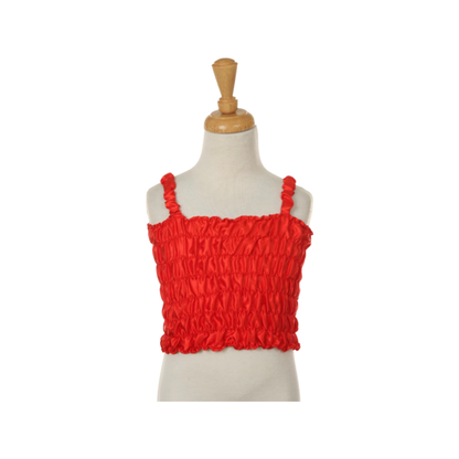 A red sleeveless crop top displayed on a mannequin against a white background.