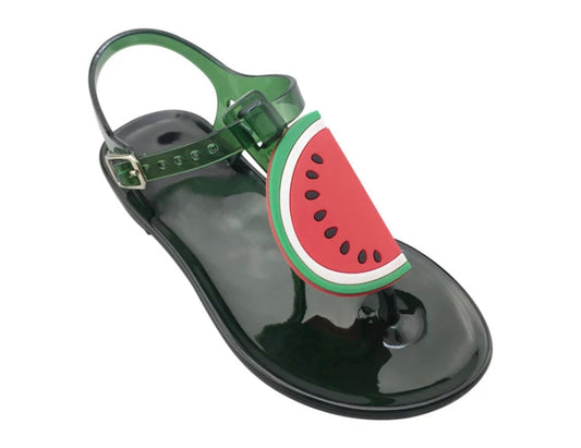 A pair of green thong sandals with a watermelon pattern and an extendable back strap.
