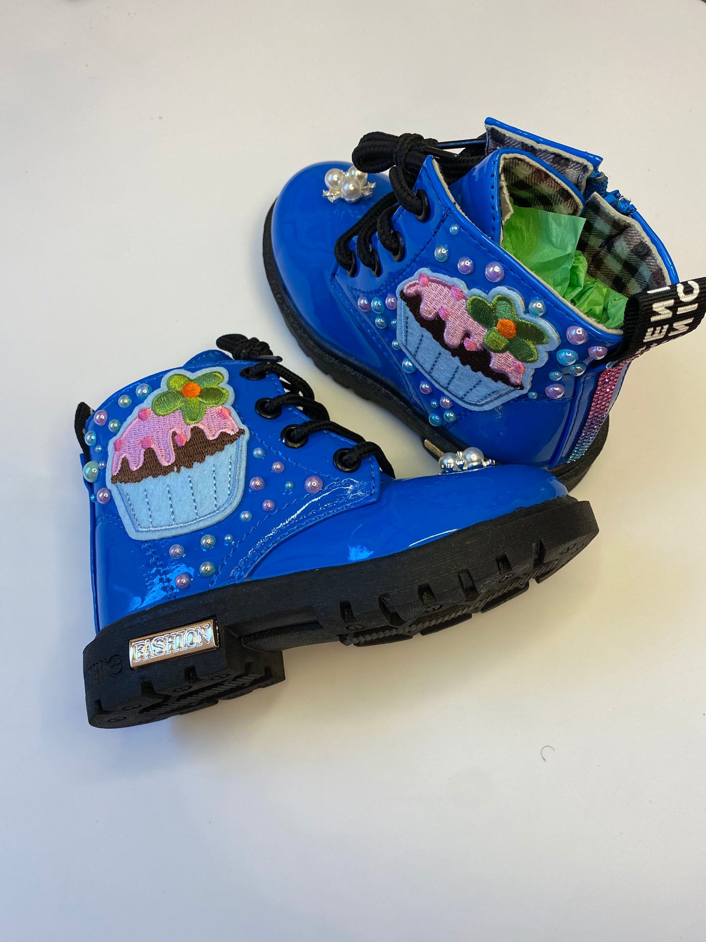 Cupcake Dreams Toddler Boots – Royal Blue Hand Bedazzled with Pearls & Embroidered Patch