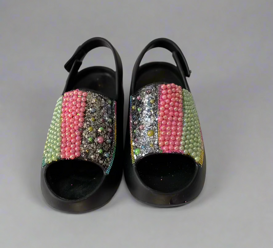 Handcrafted Rainbow Pearl Rhinestone Slingback Slides