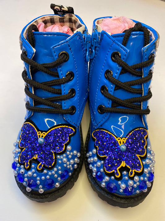 Handcrafted Blue Butterfly Toddler Boots – Sparkle & Pearl Edition"