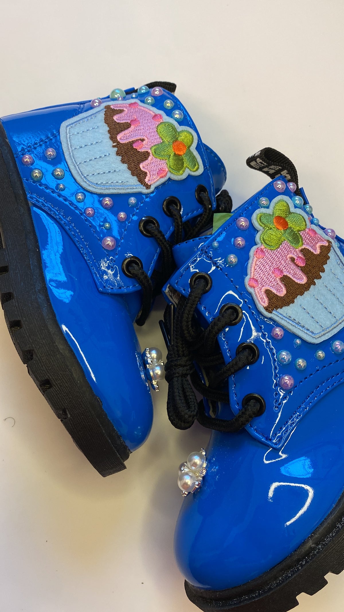 Cupcake Dreams Toddler Boots – Royal Blue Hand Bedazzled with Pearls & Embroidered Patch