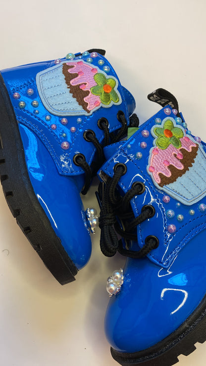 Cupcake Dreams Toddler Boots – Royal Blue Hand Bedazzled with Pearls & Embroidered Patch
