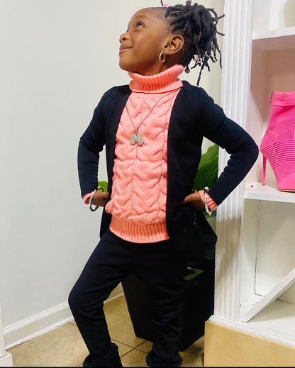 Cozy Cable Knit Turtleneck Sweater for Kids – Available in Black, Red, and Pink