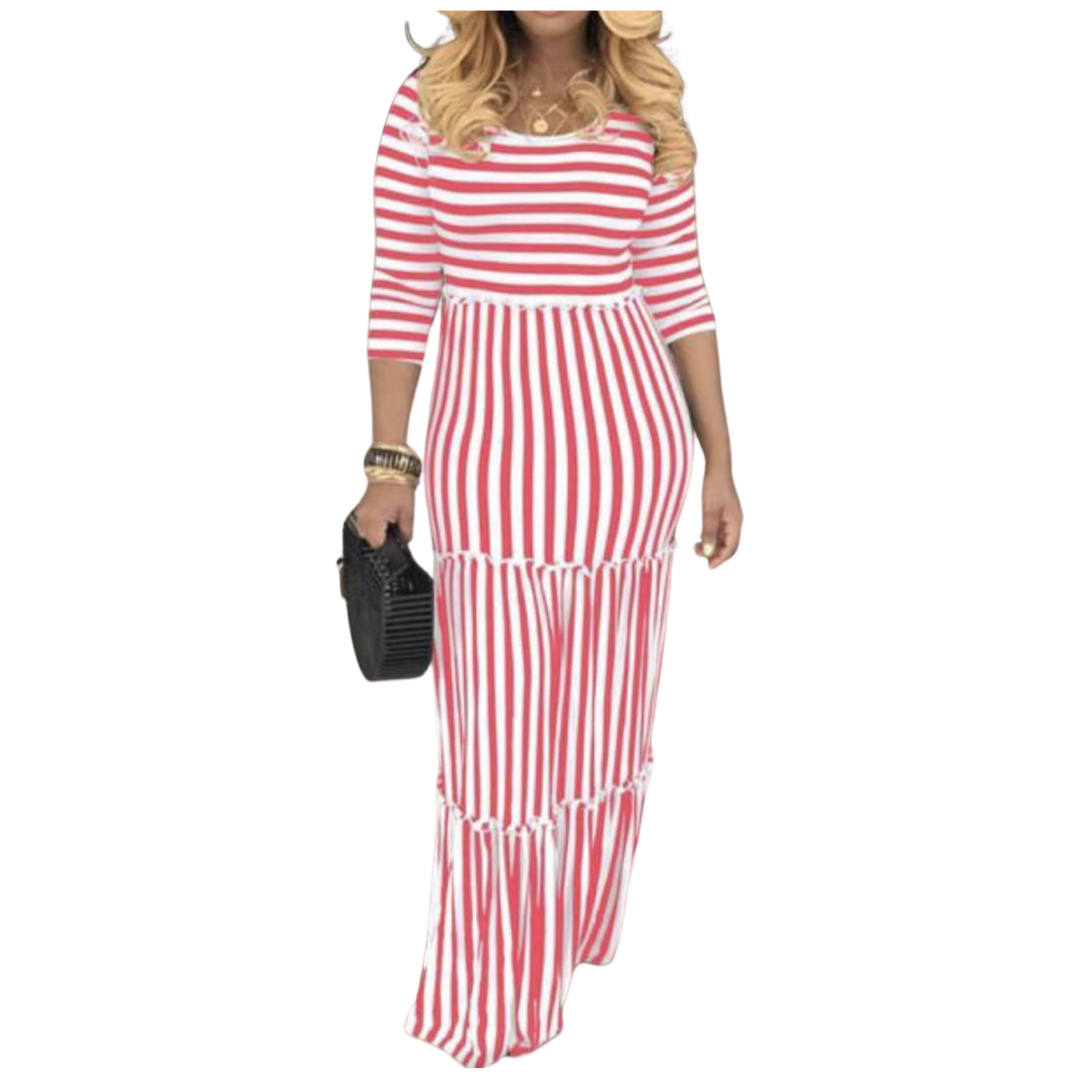 Style & Confidence Striped Maxi Dress – Red, Black, & Blue