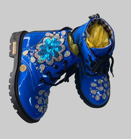 “Icy Blossom Blue Sparkle Toddler Boots – Holographic Crystal & Sequin Flower Edition